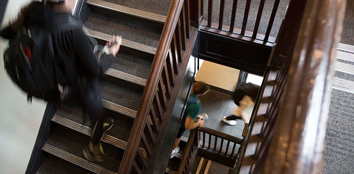 Students in Deady Hall Students taking the stairs to class in Deady Hall.