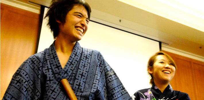 Kimonos in Class A man and woman wearing kimonos in Japanese class.