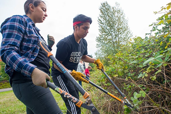 Students at a service learning project