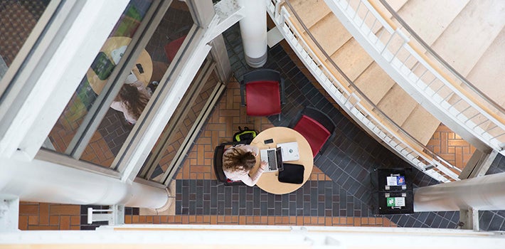 Photo taken from above of a female student studying